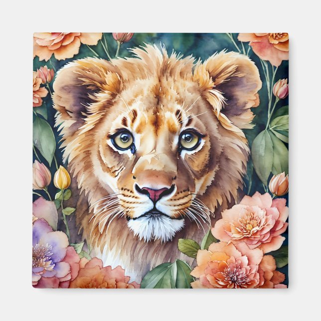 Lion Cub Floral Watercolor Art Magnet (Front)