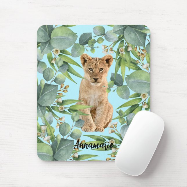 Lion Cub Green Forest Jungle Cute Teal Mouse Mat (With Mouse)