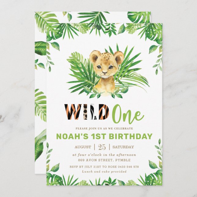 Lion Cub Jungle Safari Greenery Boy 1st Birthday Invitation (Front/Back)