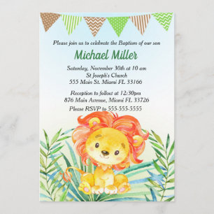 Lion Cub Watercolor Baby Baptism Invitation