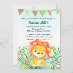 Lion Cub Watercolor Baby Christening Invitation