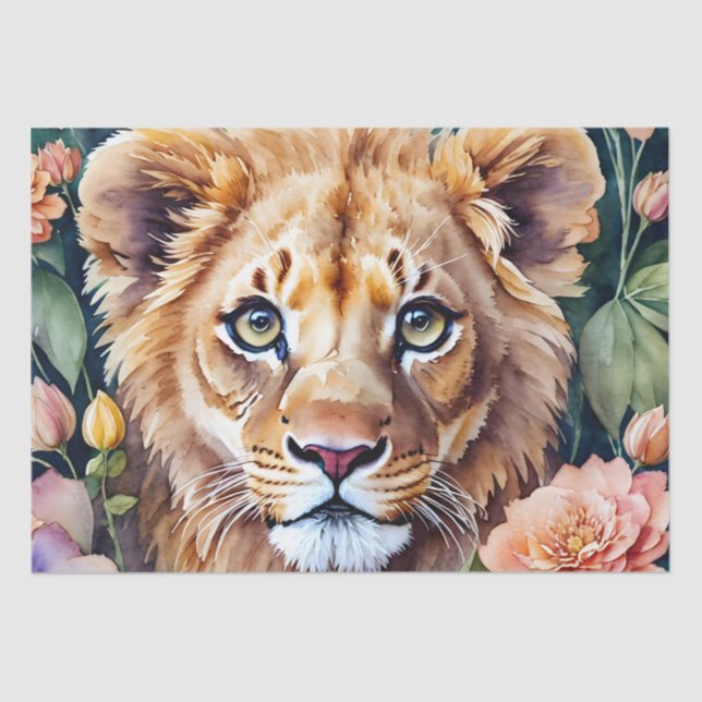 Lion Cub Watercolor Floral  Tissue Paper (Front)