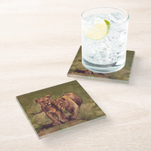 Lion Cubs Art Glass Coaster