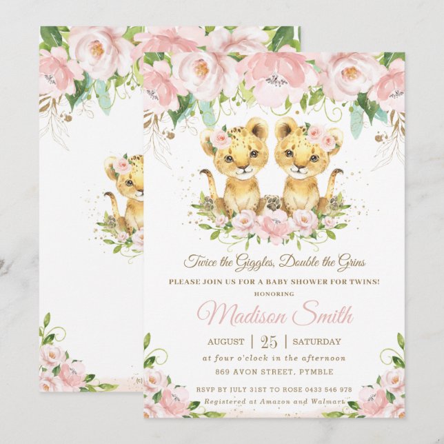 Lion Cubs Blush Pink Floral Twins Baby Shower  Invitation (Front/Back)