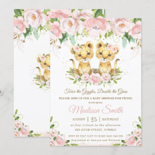 Lion Cubs Blush Pink Floral Twins Baby Shower Invitation