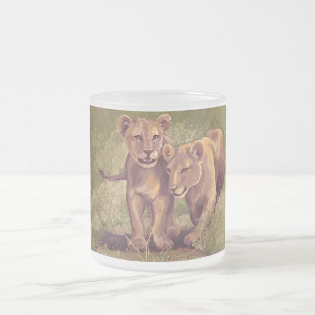 Lion Cubs Frosted Glass Coffee Mug (Center)