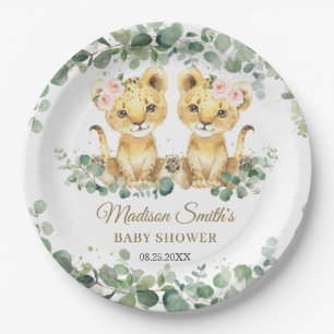 Lion Cubs Greenery Twin Girls Baby Shower Paper Plate