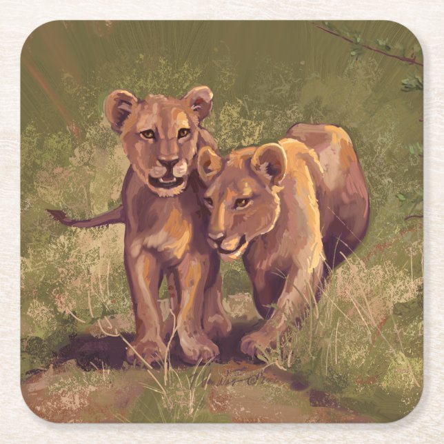 Lion Cubs Square Paper Coaster (Front)