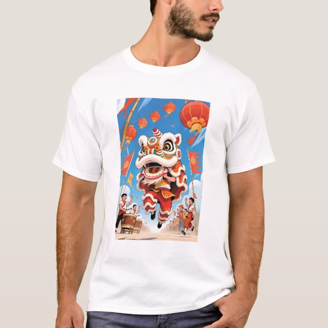 Lion Dance Men White  T-Shirt (Front)