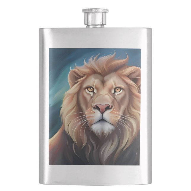 Lion Digital Art Portrait-56556 Hip Flask (Front)