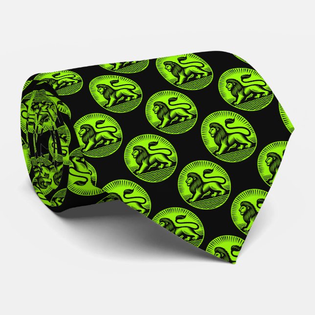 Lion Disc Pattern - Black and Chartreuse on Black Tie (Rolled)