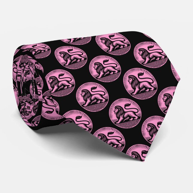 Lion Disc Pattern - Black and Pink on Black Tie (Rolled)