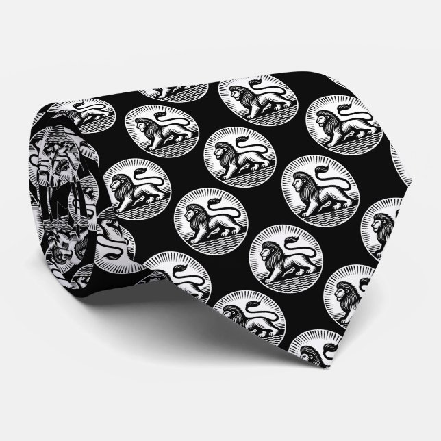 Lion Disc Pattern - Black and White on Black Tie (Rolled)