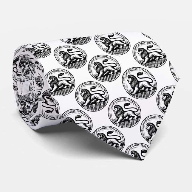 Lion Disc Pattern - Black on White Tie (Rolled)