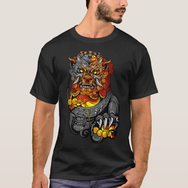 Lion Door Guardian Statue Fu Dog or Foo Dog T-Shirt (Front)