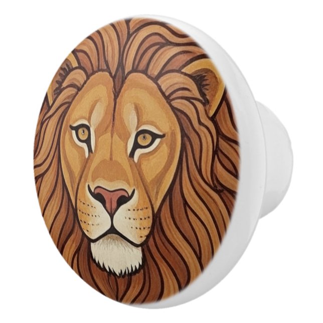 Lion door pull, Safari, Animals, King of Jungle Ceramic Knob (Right)