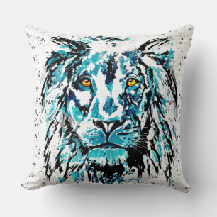 Lion Drawing - Blue Abstract Lion Cushion