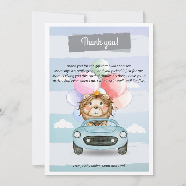 Lion driving boy baby shower thank you card (Front)