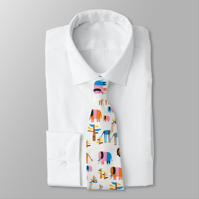 Lion, elephant with  giraffe and trees in white tie (Tied)
