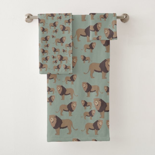 Lion Exotic Animal Pattern Sage Green  Bath Towel Set (Insitu)