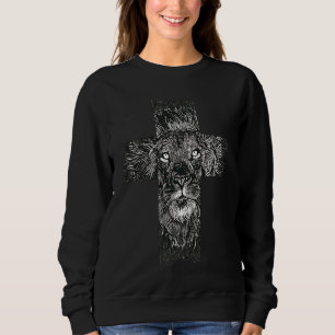 Lion Faith Cross Line Art Religion Animal Sweatshirt
