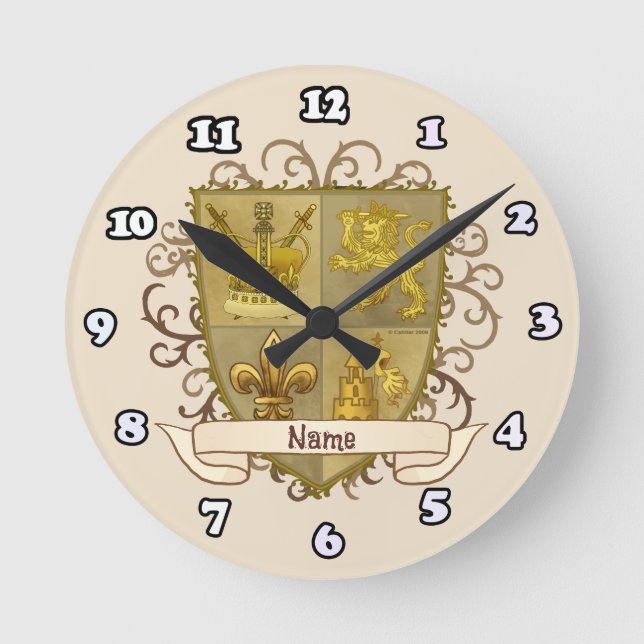 Lion Family Crest Surname Round Clock (Front)