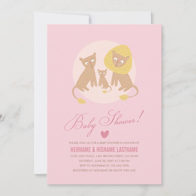 Lion Family Pink Baby Shower Invite Pink (Front)