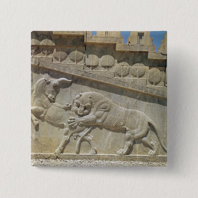 Lion fighting bull, relief east staircase 15 cm square badge (Front)