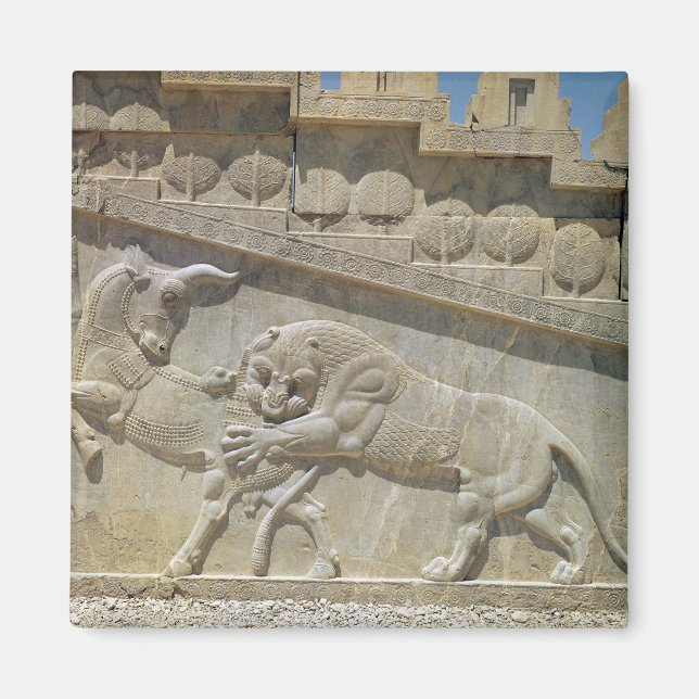 Lion fighting bull, relief east staircase magnet (Front)