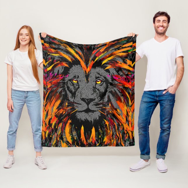 Lion Fleece Blanket | Orange Dark Lion Head Fleece (In Situ)