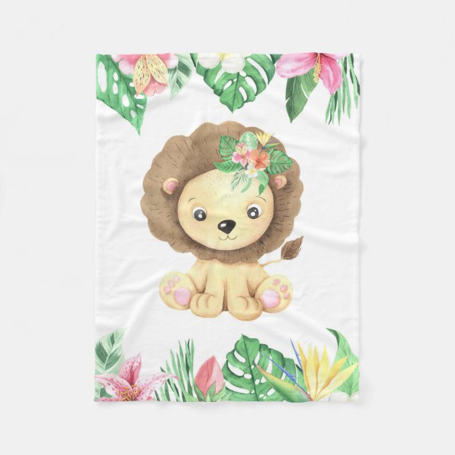 Lion Flower Watercolor Fleece Blanket (Front)