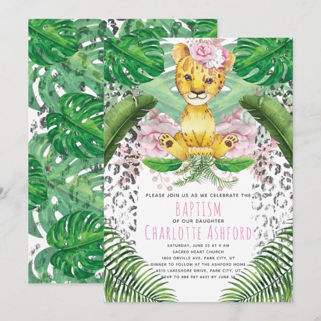 Lion Girl Illustration Safari Baptism Invitation (Front/Back)