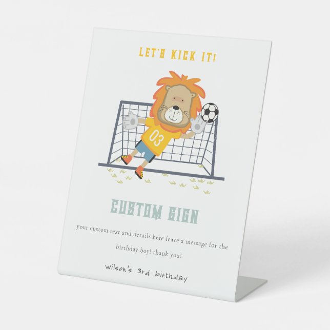 Lion Goalkeeper Soccer Custom Birthday Party Pedestal Sign (Front)