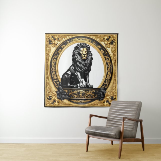 Lion gold and black ornamental frame tapestry (In Situ)
