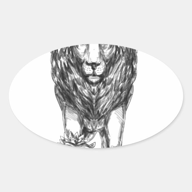 Lion Guarding Lamb Tattoo Oval Sticker (Front)