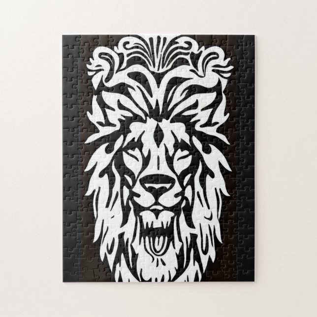 Lion head black and white etching regal jigsaw puzzle (Vertical)