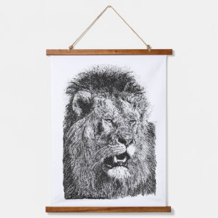 Lion Head Black White Wildlife Art Hand Drawn Hanging Tapestry