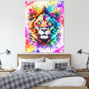 Lion Head - Colourful Lion Cat Painting Canvas Print