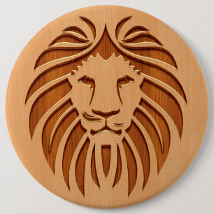 Lion head engraved on wood design 6 cm round badge