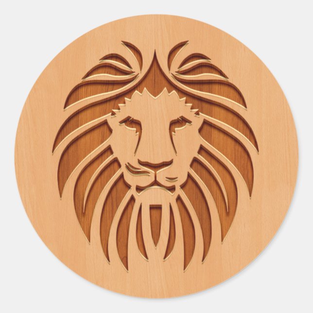 Lion head engraved on wood design classic round sticker (Front)