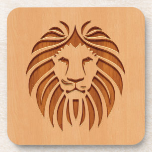 Lion head engraved on wood design coaster