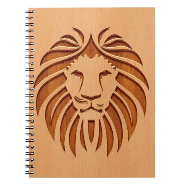 Lion head engraved on wood design notebook (Front)