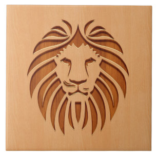 Lion head engraved on wood design tile