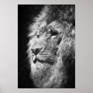 lion head mane black and white fine line art poster