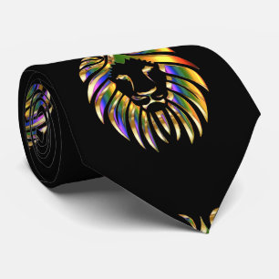 Lion Head Print Gold Green Purple On Black Necktie