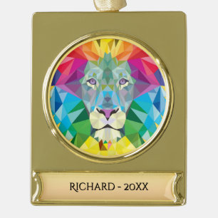 Lion Head Rainbow Colours w / Date and Year Gold Plated Banner Ornament