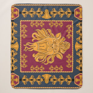 Lion head scarf: golden motif. sherpa blanket