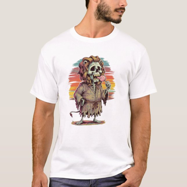 Lion Head Skeleton Wearing a Bathrobe T-Shirt (Front)