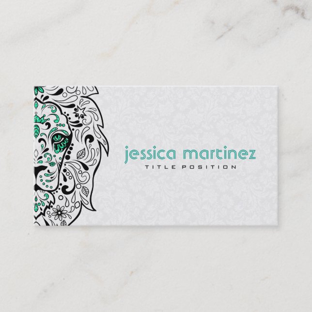 Lion Head Sugar Skull With White Damasks Business Card (Front)