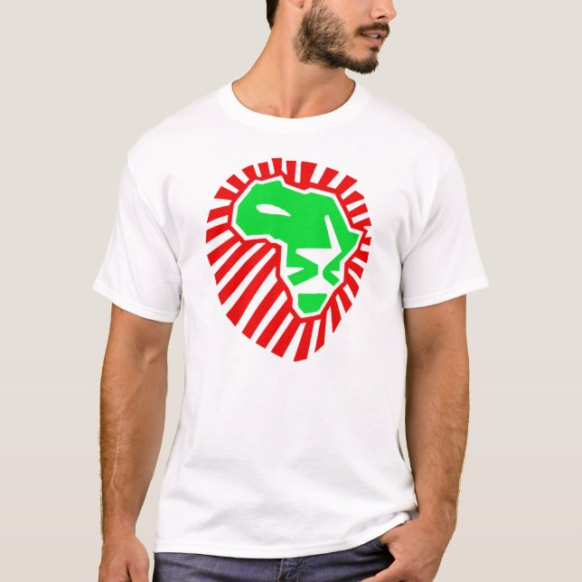 Lion Head This Time For Africa. Green Red T-Shirt (Front)